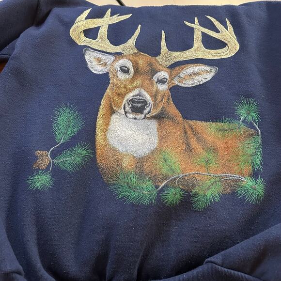 Vtg 90s Navy Blue Pullover Crew Sweatshirt Deer Buck Head Mens Size XL Nature - Picture 5 of 5
